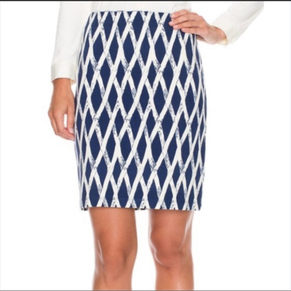 J McLaughlin Navy & White Bamboo Trellis Print Pencil Skirt Resort Luxury EUC